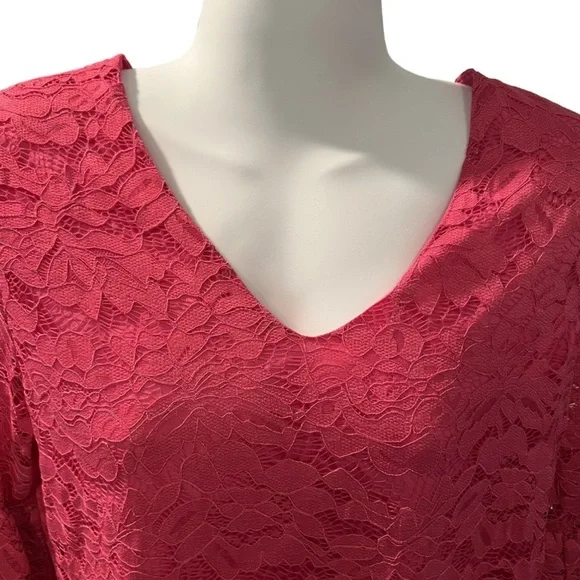 Belongsei Hot Pink Floral Lace 3/4 flare sleeves V neck dress NWOT - Picture 3 of 6